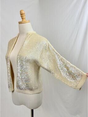 Vintage 50s Cream Iridescent Sequin Open-Front Cardigan / Evening Jacket Small